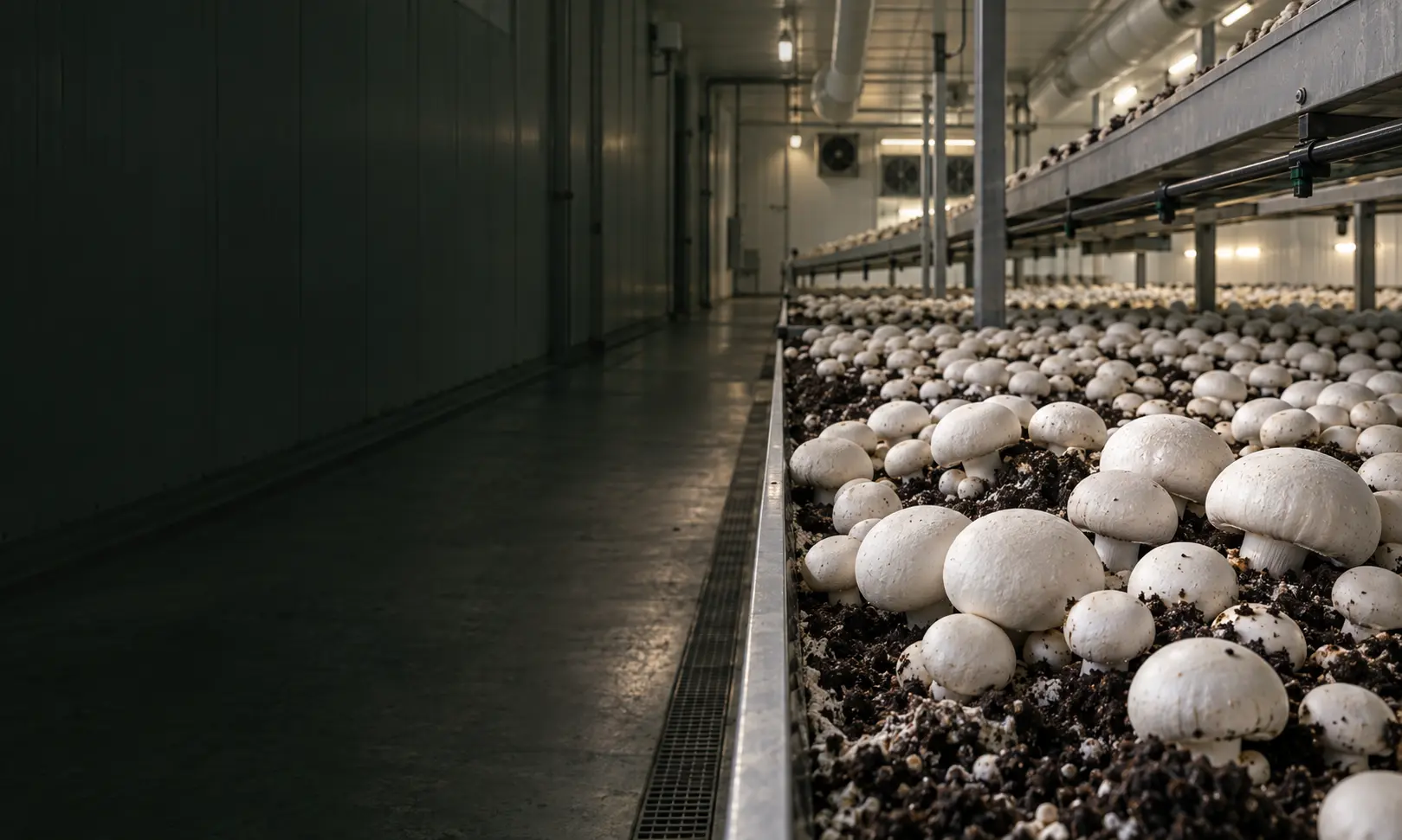 Conceptual climate-control infrastructure inside a white button mushroom room