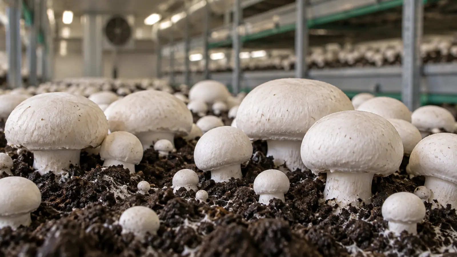 Conceptual close-up of white button mushrooms at multiple growth stages in a controlled production room