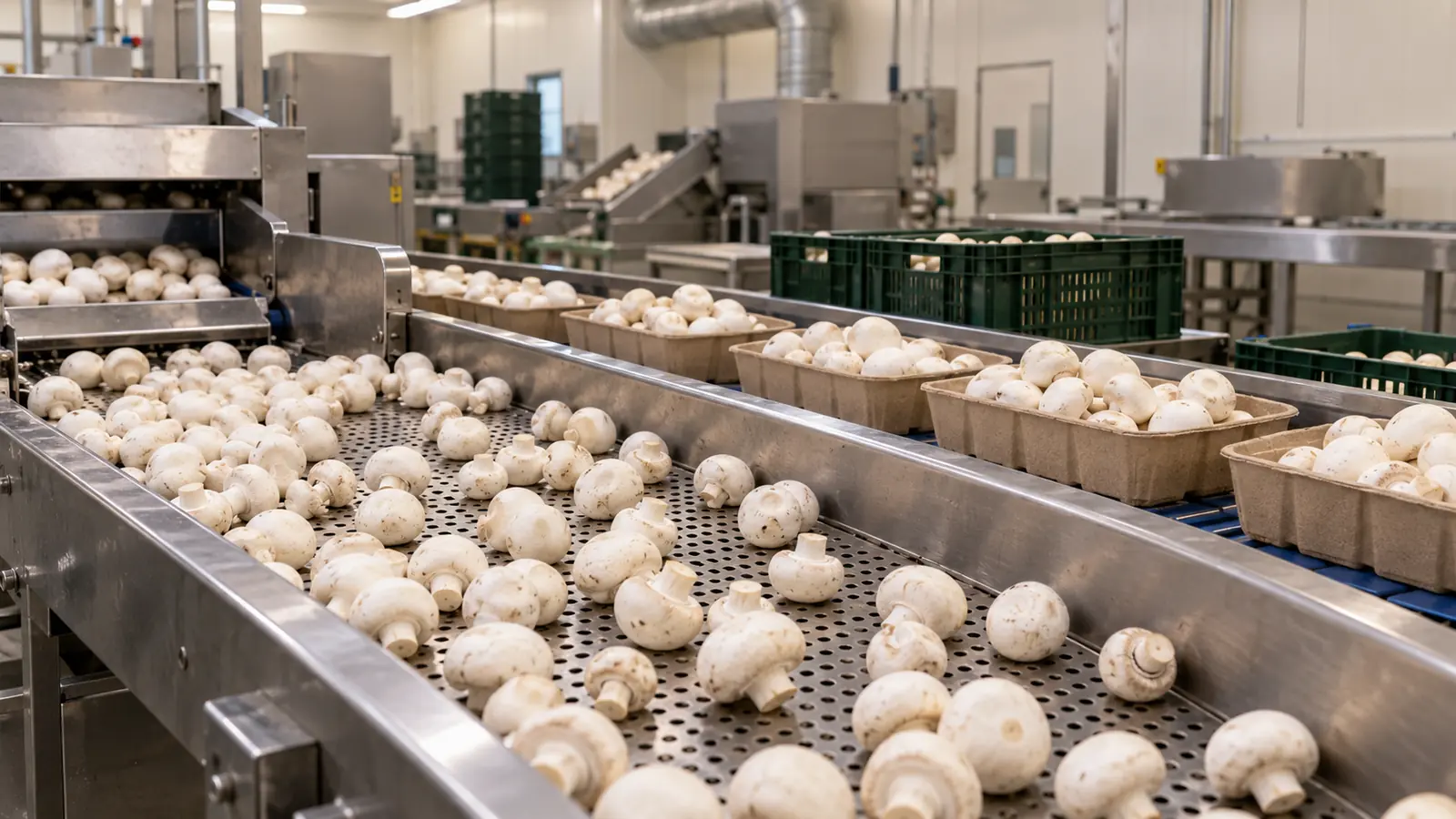 Conceptual white button mushroom sorting and packing line