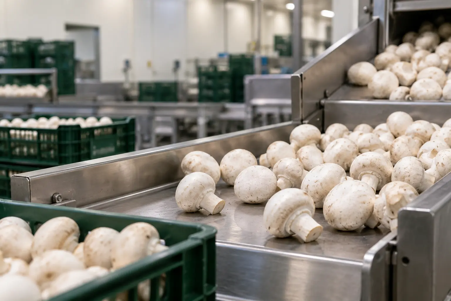 Conceptual view of fresh white button mushroom sorting and packing